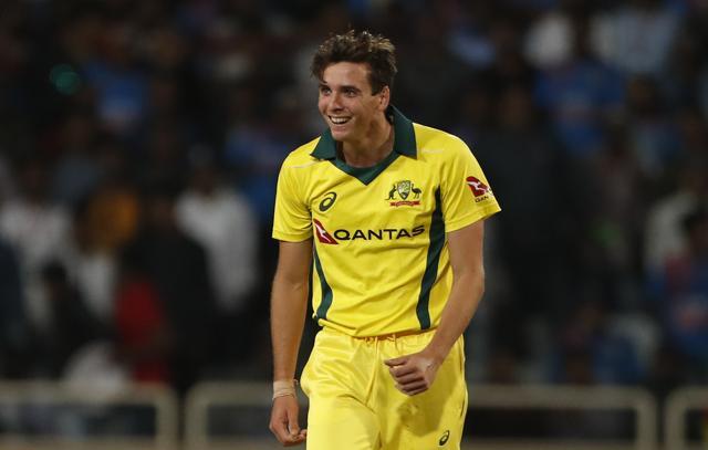 Australia's Jhye Richardson celebrates the dismissal of India's Mohammed Shami. (AP) Australia's Jhye Richardson celebrates the dismissal of India's Mohammed Shami. (AP)
