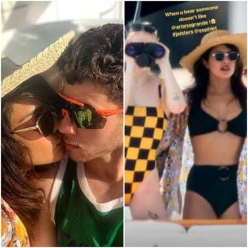 Priyanka Chopra and Nick Jonas share a kiss (L). Priyanka Chopra and Nick Jonas share a kiss (L).