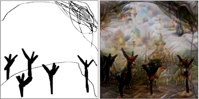 Tandem uses an algorithm that lets the computer imagine and suggest a visual output. A roughly drawn figure of trees can be interpreted as dogs; the human artist interfacing with the AI can also add filters in the form of emotions, which the computer will interpret in the form of hues. Tandem uses an algorithm that lets the computer imagine and suggest a visual output. A roughly drawn figure of trees can be interpreted as dogs; the human artist interfacing with the AI can also add filters in the form of emotions, which the computer will interpret in the form of hues.