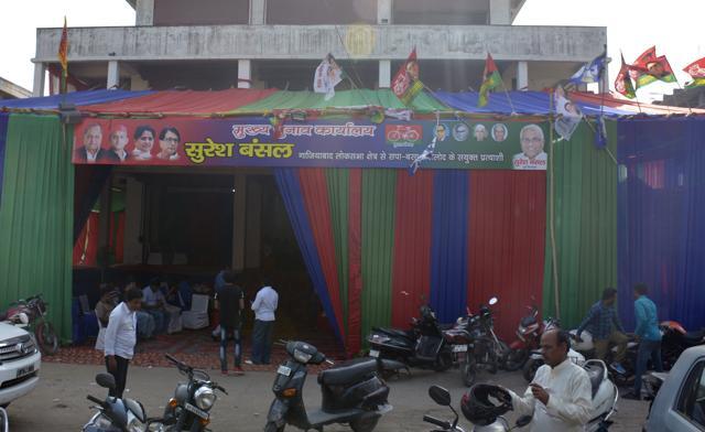 The SP-BSP-RLD alliance candidate’s office on Ambedkar Road. Three of four major party candidates have offices there. (Sakib Ali / HT Photo)