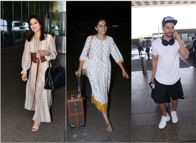 Sunny Leone, Taapsee Pannu and Kunal Kemmu at the airport. (Varinder Chawla)