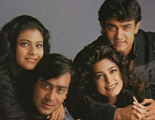 Ajay Devgn with Kajol and Aamir Khan with Juhi Chawla in Ishq. Ajay Devgn with Kajol and Aamir Khan with Juhi Chawla in Ishq.