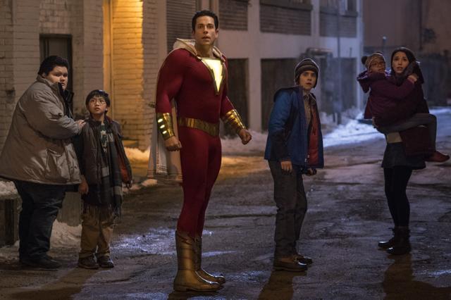 This image released by Warner Bros. shows Zachary Levi, centre, and Jack Dylan Grazer, centre right, in a scene from Shazam!. (AP) This image released by Warner Bros. shows Zachary Levi, centre, and Jack Dylan Grazer, centre right, in a scene from Shazam!. (AP)