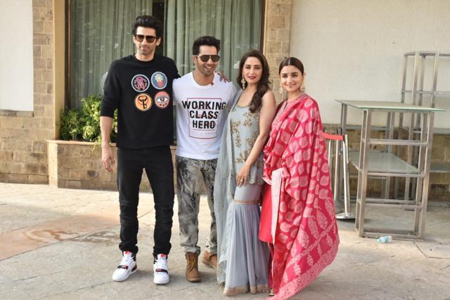 Aditya Roy Kapur, Varun Dhawan, Madhuri Dixit and Alia Bhatt during the promotions of Kalank. Aditya Roy Kapur, Varun Dhawan, Madhuri Dixit and Alia Bhatt during the promotions of Kalank.
