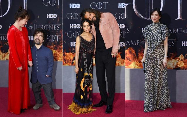 Peter Dinklage with Erica Schmidt, Jason Momoa with wife Lisa Bonet, and Sibel Kikilli at the Game of Thrones premiere. (Reuters/AFP) Peter Dinklage with Erica Schmidt, Jason Momoa with wife Lisa Bonet, and Sibel Kikilli at the Game of Thrones premiere. (Reuters/AFP)