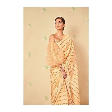 Sonam Kapoor Ahuja’s House of Masaba sari featuring letterings in Tamil that translate to Sonam, Masaba and Ek Ladki Ko Dekha Toh Aisa Laga. (Photo: Instagram/sonamkapoor) Sonam Kapoor Ahuja’s House of Masaba sari featuring letterings in Tamil that translate to Sonam, Masaba and Ek Ladki Ko Dekha Toh Aisa Laga. (Photo: Instagram/sonamkapoor)