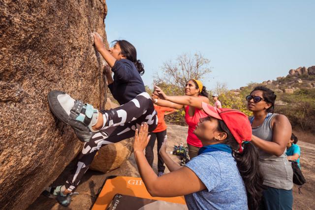 A participant hoists herself up a boulder at the first edition of CLAW (Climb Like a Woman), a festival for women boulderers that was held in Hampi, Karnataka, in December. (Neil DSouza) A participant hoists herself up a boulder at the first edition of CLAW (Climb Like a Woman), a festival for women boulderers that was held in Hampi, Karnataka, in December. (Neil DSouza)