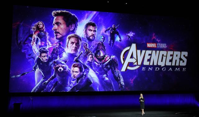 President of Walt Disney Distribution Franchise Management, Business & Audience Insights, Cathleen Taff, speaks in front of the new Avengers movie poster. (AFP) President of Walt Disney Distribution Franchise Management, Business & Audience Insights, Cathleen Taff, speaks in front of the new Avengers movie poster. (AFP)
