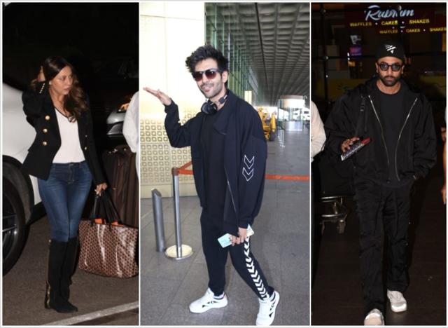 Gauri Khan, Kartik Aaryan and Ranbir Kapoor at the Mumbai airport. (Varinder Chawla)