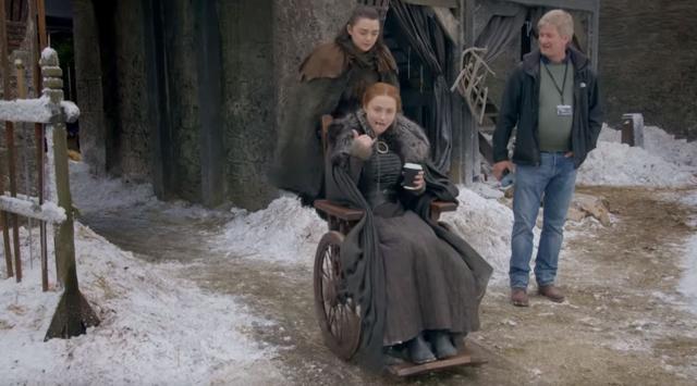 Maisie Williams and Sophie Turner goofing around on the sets of season 7.