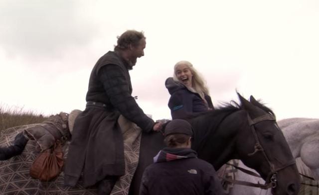 Iain Glen and Emilia Clarke share a laugh.