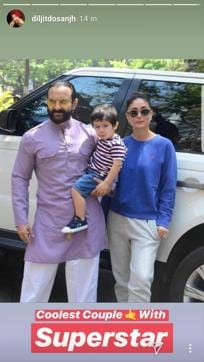 A picture of Saif Ali Khan, Kareena Kapoor and their son Taimur shared by Diljit Dosanjh on his Instagram stories.