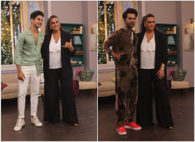 Neha Dhupia with Ishaan Khatter and Rajkummar Rao on sets of Vogue BFFs. (Varinder Chawla)