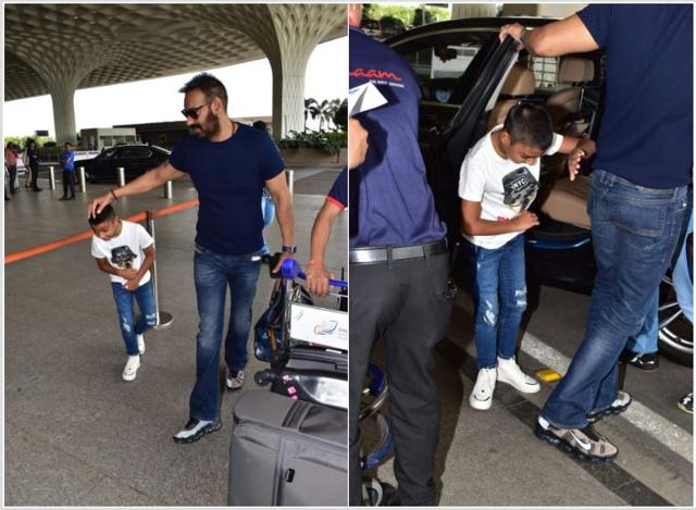 Ajay Devgn and his son Yug at the airport. (Varinder Chawla)