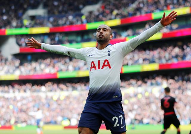 Tottenhams Lucas Moura celebrates scoring their fourth goal to complete his hat-trick. (REUTERS) Tottenhams Lucas Moura celebrates scoring their fourth goal to complete his hat-trick. (REUTERS)