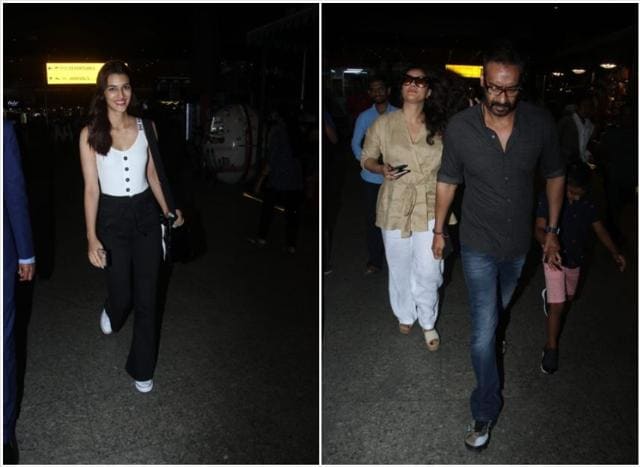 Kriti Sanon, Ajay Devgn and Kajol at the Mumbai airport. (Varinder Chawla)