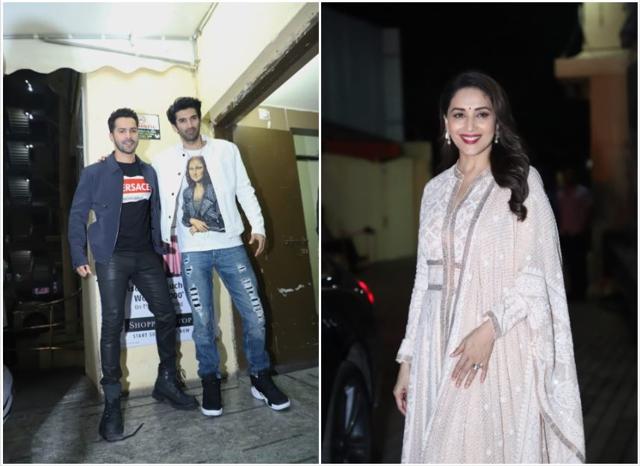 Varun Dhawan, Aditya Roy Kapur and Madhuri Dixit at Kalank screening. (Varinder Chawla)