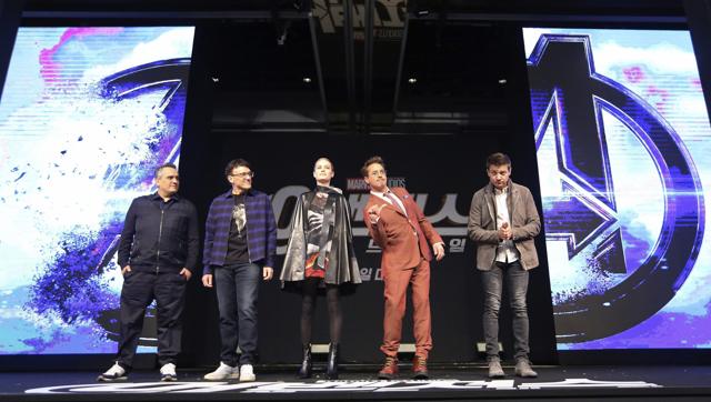 Seoul: From right, actor Jeremy Renner, actor Robert Downey Jr., actress Brie Larson, director Anthony Russo and Joe Russo pose together during an Asia Press Conference to promote their latest film Avengers Endgame in Seoul. (AP) Seoul: From right, actor Jeremy Renner, actor Robert Downey Jr., actress Brie Larson, director Anthony Russo and Joe Russo pose together during an Asia Press Conference to promote their latest film Avengers Endgame in Seoul. (AP)
