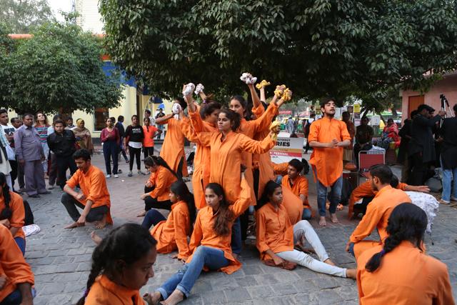 The performance by Moksh, the dramatics society of Sri Aurobindo College (Morning), was on the preservation of indigenous language. (Prabhas Roy/HT)