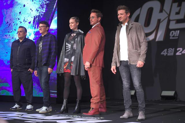 Directors Joe Russo and Anthony Russo, actors Brie Larson, Robert Downey Jr. and Jeremy Renner pose during Marvel Studios' Avengers: Endgame. (AFP) Directors Joe Russo and Anthony Russo, actors Brie Larson, Robert Downey Jr. and Jeremy Renner pose during Marvel Studios' Avengers: Endgame. (AFP)