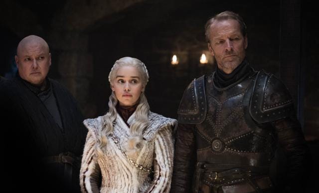 Varys (Conleth Hill), Daenerys (Emilia Clarke) and Jorah Mormont (Iain Glen) in another still. Game of Thrones, HBO and related service marks are the property of Home Box office, Inc. All rights reserved. (HBO) Varys (Conleth Hill), Daenerys (Emilia Clarke) and Jorah Mormont (Iain Glen) in another still. Game of Thrones, HBO and related service marks are the property of Home Box office, Inc. All rights reserved. (HBO)