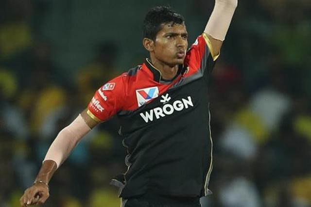 Navdeep Saini of Royal Challengers Bangalore appeals during match 1 of the Vivo Indian Premier League Season 12, 2019 between the Chennai Superkings and the Royal Challengers Bangalore held at the M. A. Chidambaram Stadium in Chennai, Tamil Nadu on the 23rd March 2019 Navdeep Saini of Royal Challengers Bangalore appeals during match 1 of the Vivo Indian Premier League Season 12, 2019 between the Chennai Superkings and the Royal Challengers Bangalore held at the M. A. Chidambaram Stadium in Chennai, Tamil Nadu on the 23rd March 2019