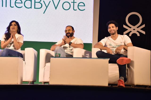 Bhumi Pednekar, Saif Ali Khan and Siddhant Chaturvedi at the Benetton event. (Varinder Chawla) Bhumi Pednekar, Saif Ali Khan and Siddhant Chaturvedi at the Benetton event. (Varinder Chawla)