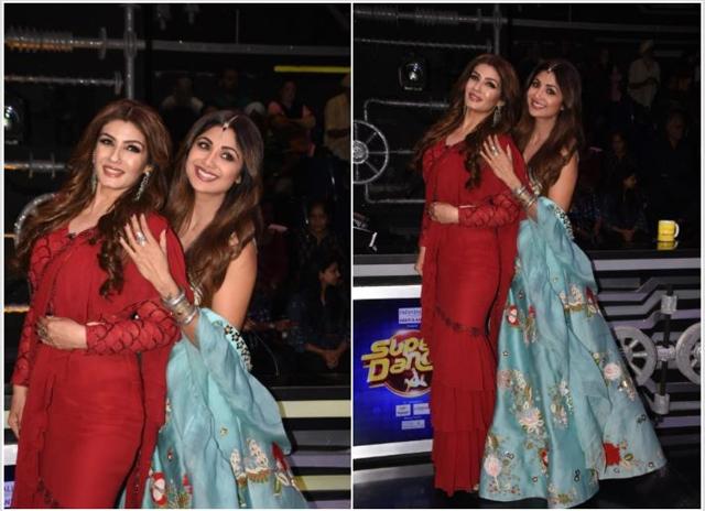 Shilpa Shetty and Raveena Tandon on sets of Super Dancer. (Varinder Chawla)