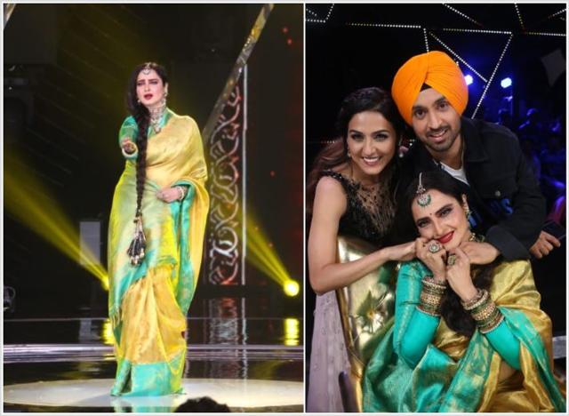 Rekha on the sets of Rising Star with Neeti Mohan and Diljit Dosanjh. (Varinder Chawla)