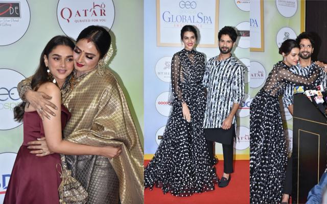 Aditi Rao Hydari with Rekha and Kriti Sanon with Shahid Kapoor at the event. (Varinder Chawla) Aditi Rao Hydari with Rekha and Kriti Sanon with Shahid Kapoor at the event. (Varinder Chawla)