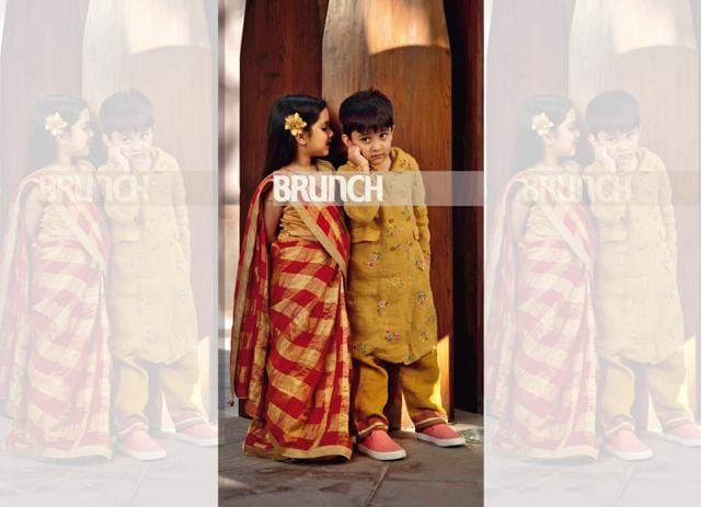 Myra Khanna, 5, and Laksh Jhunthra, 4 (Myra’s sari, Anavila; jacket and pyjamas, Péro) (Ankit Chawla) Myra Khanna, 5, and Laksh Jhunthra, 4 (Myra’s sari, Anavila; jacket and pyjamas, Péro) (Ankit Chawla)