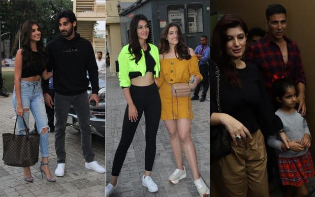 Tara Sutaria with Ahan Shetty, Kriti Sanon with Nupur Sanon, Akshay Kumar and Twinkle Khanna with daughter Nitara at a theatre. ( Varinder Chawla )