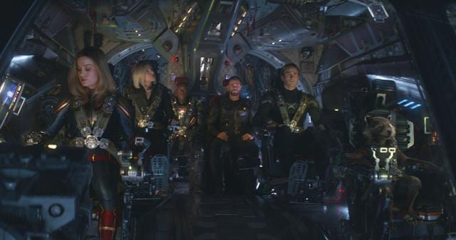 This image released by Disney shows, from left, Brie Larson, Scarlett Johansson, Don Cheadle, Chris Hemsworth, Chris Evans and the character Rocket, voiced by Bradley Cooper, in a scene from Avengers: Endgame. (AP) This image released by Disney shows, from left, Brie Larson, Scarlett Johansson, Don Cheadle, Chris Hemsworth, Chris Evans and the character Rocket, voiced by Bradley Cooper, in a scene from Avengers: Endgame. (AP)