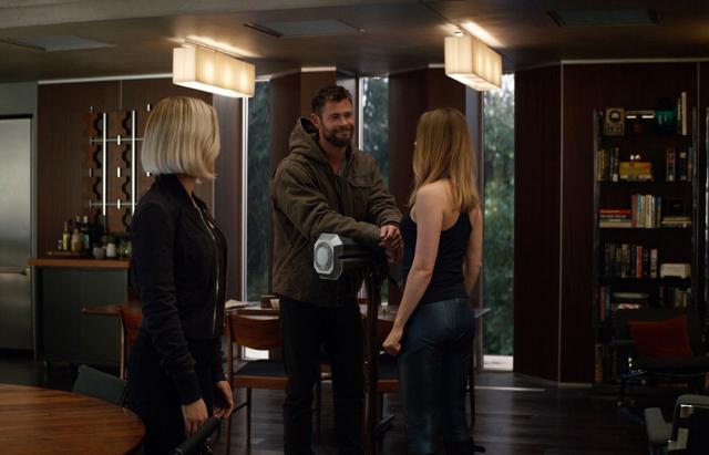 This image released by Disney shows, from left, Scarlett Johansson, Chris Hemsworth and Brie Larson in a scene from Avengers: Endgame. (AP)