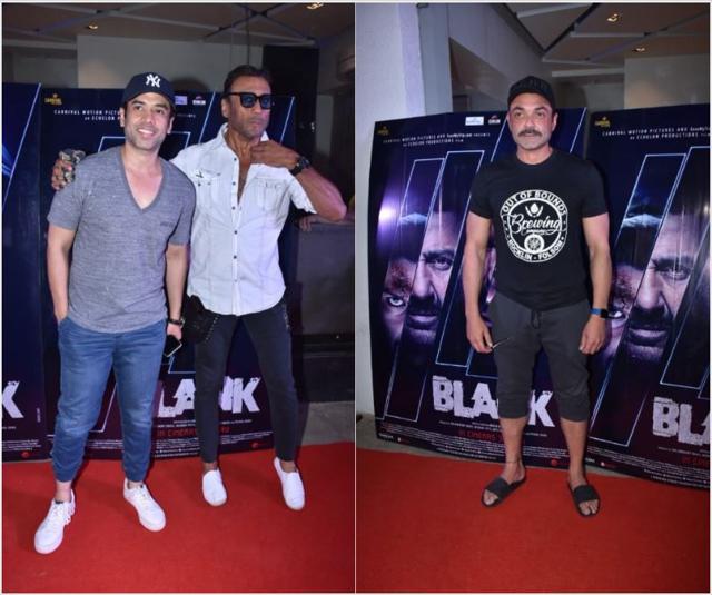 Tusshar Kapoor, Jackie Shroff and Bobby Deol at the screening. (Varinder Chawla)