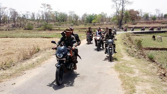 Security men patrol in Maoist-affected areas during the first phase of Lok Sabha poll under Palamu parliamentary constituency in Garhwa , on Monday, April 29, 2019. (HT Photo ) Security men patrol in Maoist-affected areas during the first phase of Lok Sabha poll under Palamu parliamentary constituency in Garhwa , on Monday, April 29, 2019. (HT Photo )