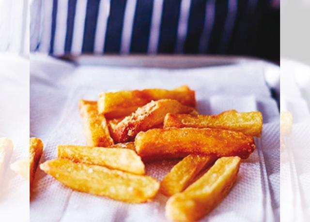Triple cooked chips, cooked on the outside but full of rich potato taste inside Triple cooked chips, cooked on the outside but full of rich potato taste inside