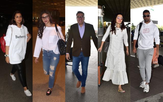 Parineeti Chopra, Mouni Roy, Boman Irani, Taapsee Pannu and Vicky Kaushal at the Mumbai airport. (Varinder Chawla) Parineeti Chopra, Mouni Roy, Boman Irani, Taapsee Pannu and Vicky Kaushal at the Mumbai airport. (Varinder Chawla)