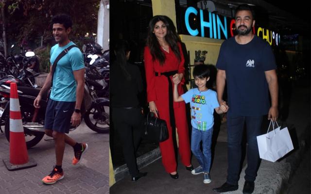 Farhan Akhtar at a club and Shilpa Shetty with Raj Kundra and son Viaan at a restaurant. (Varinder Chawla)