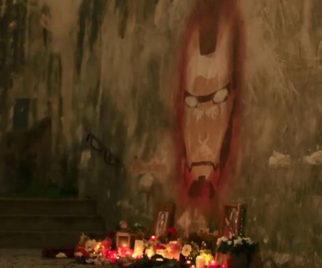 A makeshift memorial for Iron Man.