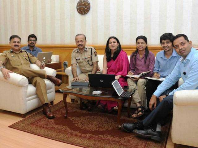 Ahmed Javed, former Mumbai Police Commissioner (extreme left) and Deven Bharti, Joint Commissioner of Police (EOW) with the Mumbai Police social media team. Ahmed Javed, former Mumbai Police Commissioner (extreme left) and Deven Bharti, Joint Commissioner of Police (EOW) with the Mumbai Police social media team.
