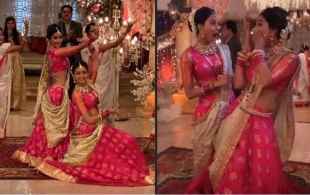 Hina Khan and Erica Fernandes on the sets of Kasautii Zindagii Kay.
