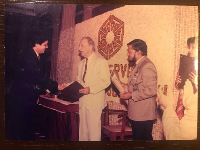 FJ receiving the Long Service Award with the Taj presented by JRD Tata in 1989. FJ receiving the Long Service Award with the Taj presented by JRD Tata in 1989.
