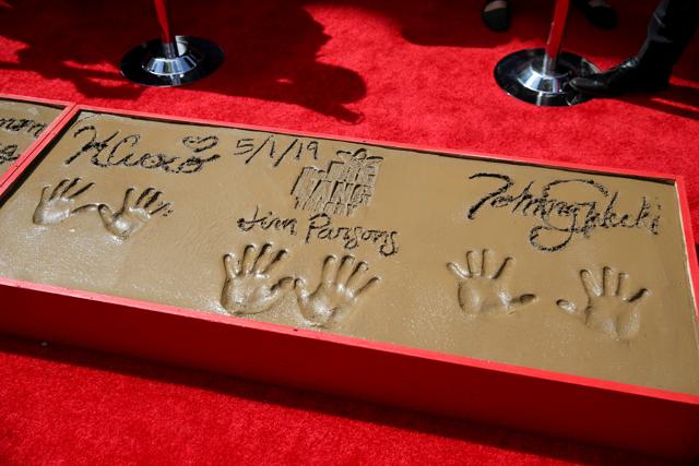 Handprints and signatures from actors Kaley Cuoco, Jim Parsons and Johnny Galecki are seen after the cement handprints ceremony for the cast of the television comedy The Big Bang Theory at the TCL Chinese Theatre IMAX. (REUTERS) Handprints and signatures from actors Kaley Cuoco, Jim Parsons and Johnny Galecki are seen after the cement handprints ceremony for the cast of the television comedy The Big Bang Theory at the TCL Chinese Theatre IMAX. (REUTERS)