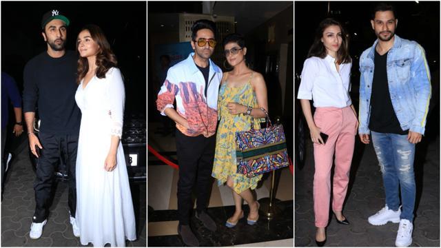 Ranbir Kapoor with Alia Bhatt, Ayushmann Khurrana with wife Tahira Kashyap, Soha Ali Khan with husband Kunal Kemmu at De De Pyaar De screening. (Varinder Chawla) Ranbir Kapoor with Alia Bhatt, Ayushmann Khurrana with wife Tahira Kashyap, Soha Ali Khan with husband Kunal Kemmu at De De Pyaar De screening. (Varinder Chawla)