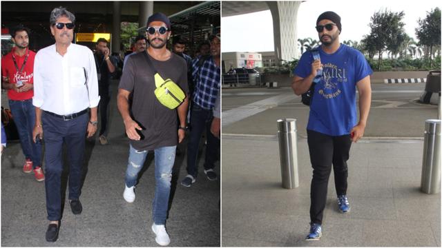 Kapil Dev, Ranveer Singh and Arjun Kapoor at Mumbai airport. (Varinder Chawla) Kapil Dev, Ranveer Singh and Arjun Kapoor at Mumbai airport. (Varinder Chawla)