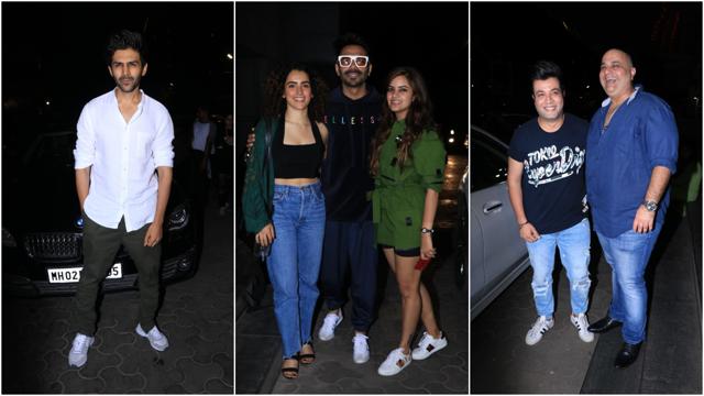 Kartik Aaryan, Sanya Malhotra, Aparshakti Khurana, Varun Sharma at De De Pyaar De screening in Mumbai. (Varinder Chawla) Kartik Aaryan, Sanya Malhotra, Aparshakti Khurana, Varun Sharma at De De Pyaar De screening in Mumbai. (Varinder Chawla)
