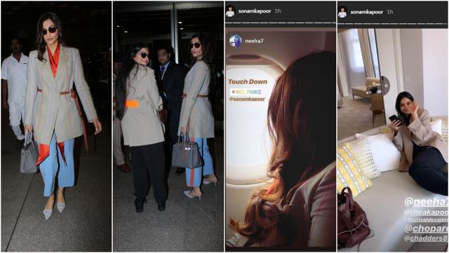 Sonam Kapoor and Rhea Kapoor at Mumbai airport (second from left), Sonam in her flight and Rhea in Cannes. (Varinder Chawla/Instagram) Sonam Kapoor and Rhea Kapoor at Mumbai airport (second from left), Sonam in her flight and Rhea in Cannes. (Varinder Chawla/Instagram)
