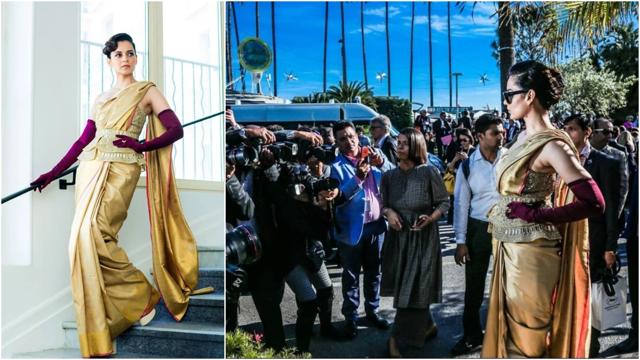 Kangana Ranaut wore a saree ahead of her appearance at the Cannes Film Festival. Kangana Ranaut wore a saree ahead of her appearance at the Cannes Film Festival.