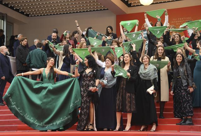 Cast and crew of the film 'Let it be Law' demonstrate for the legalization of abortion in Argentina upon arrival at the premiere of the film 'The Wild Goose Lake' at the 72nd international film festival, Cannes, southern France, Saturday, May 18, 2019. (Photo by Arthur Mola/Invision/AP) (Arthur Mola/Invision/AP) Cast and crew of the film 'Let it be Law' demonstrate for the legalization of abortion in Argentina upon arrival at the premiere of the film 'The Wild Goose Lake' at the 72nd international film festival, Cannes, southern France, Saturday, May 18, 2019. (Photo by Arthur Mola/Invision/AP) (Arthur Mola/Invision/AP)